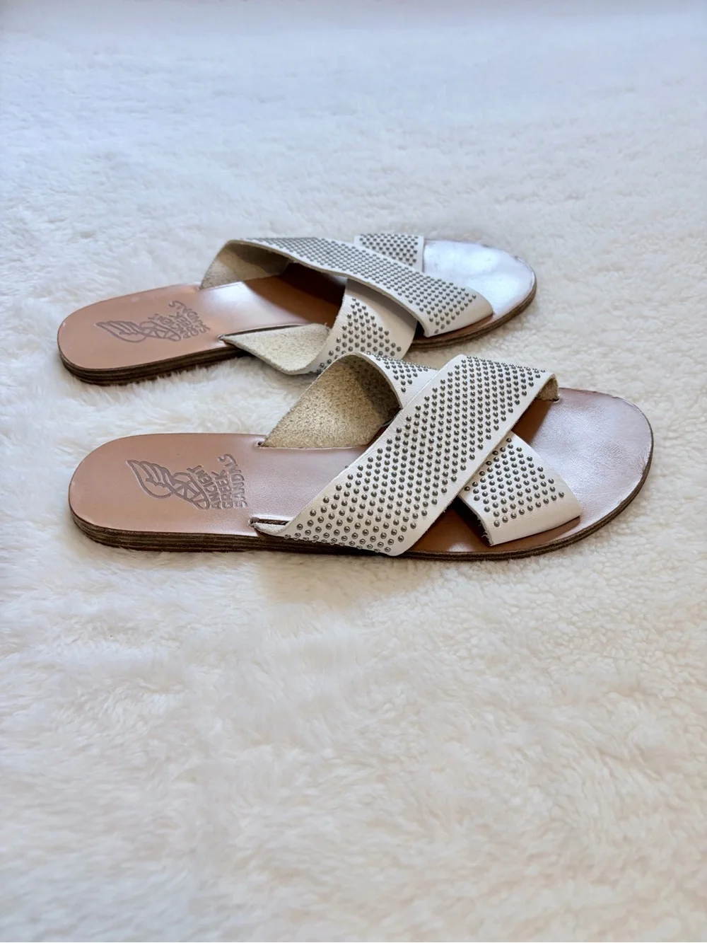 Ancient Greek Sandals White Studded Crossband Slide Sandals